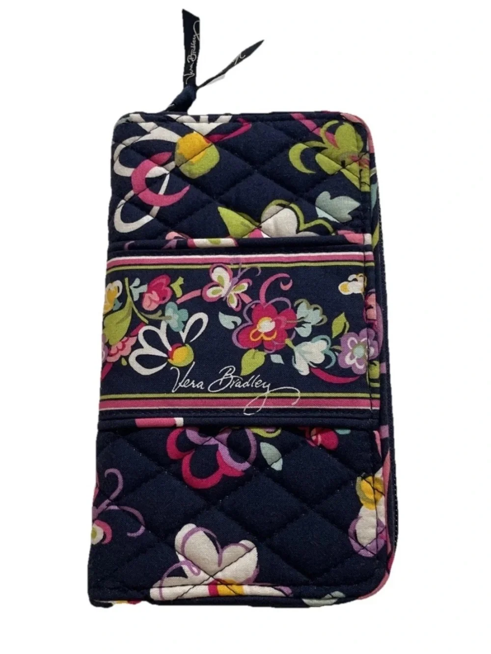 Vera Bradley Ribbons Accordion Wallet Zip Around Closure Navy Blue Background - Picture 4 of 9